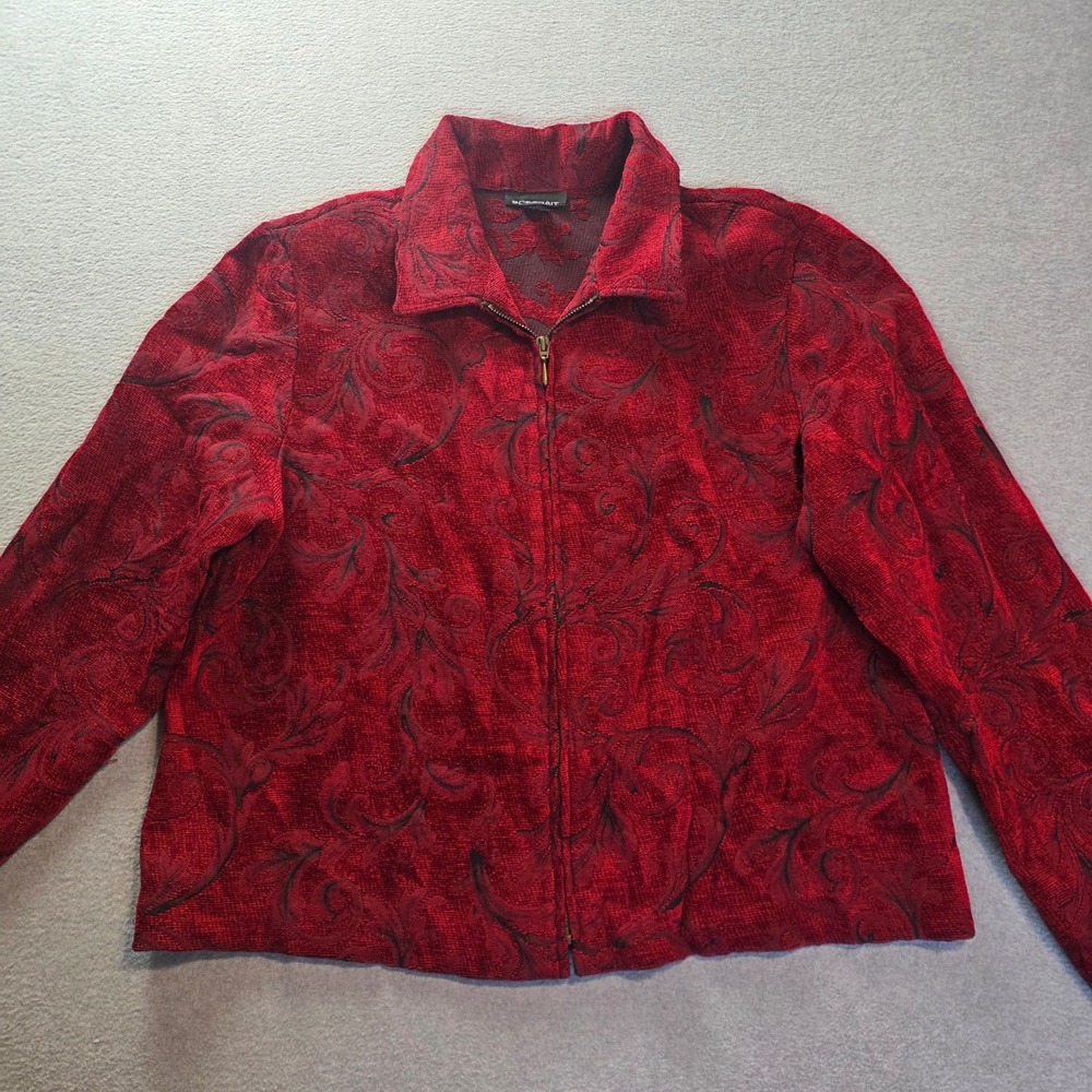 Portrait Paisley Jacquard Jacket Womens XL Red Zip Front Brocade Lightweight